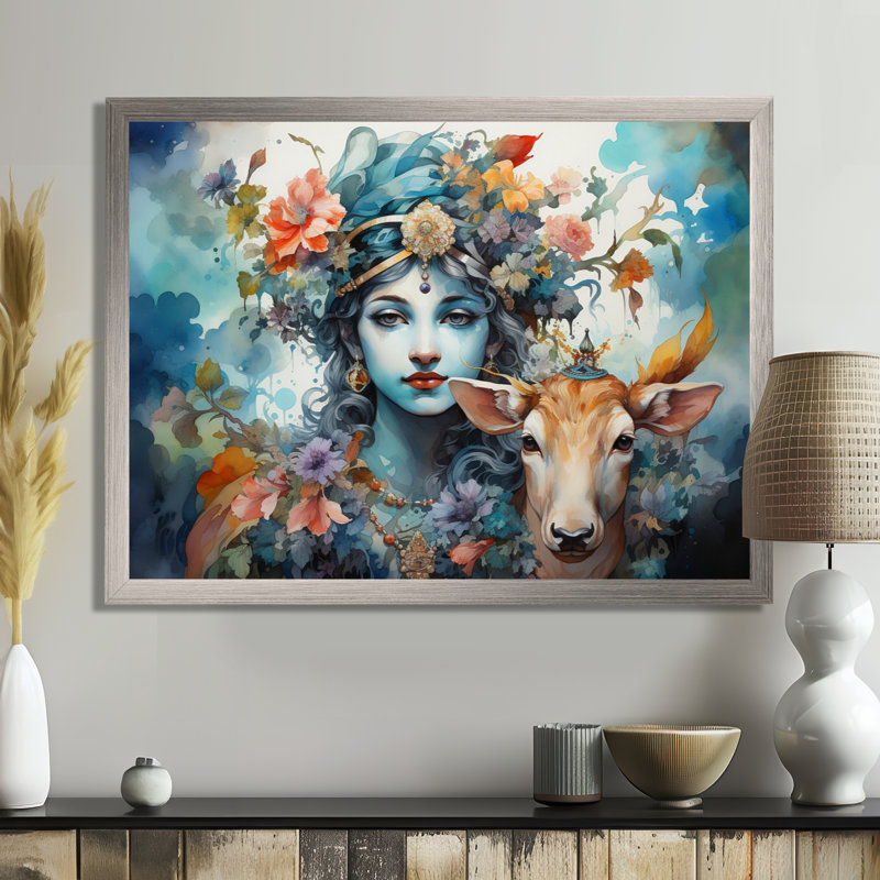 «Hinduisim Art Vrindavans Playful II» - Art mural de l'hindouisme, H 30 po x l 40 po x P 1,5 po, Cadre flottant brun