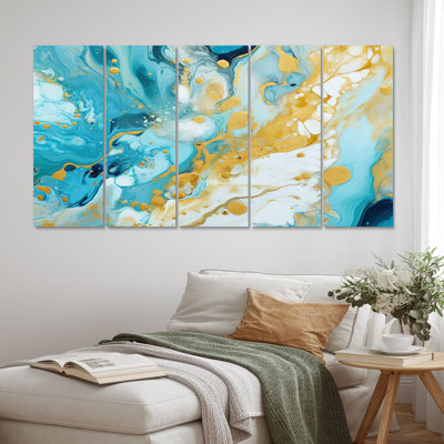 Turquoise luxueux, art abstrait fluide, impression sur toile abstraite, 5 panneaux égaux