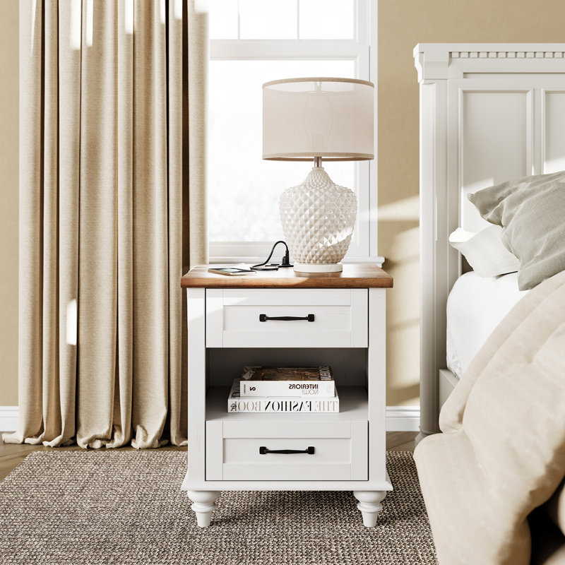 Zadie 2 - Drawer End Table and Built-In Outlets, Brown Top/White Base