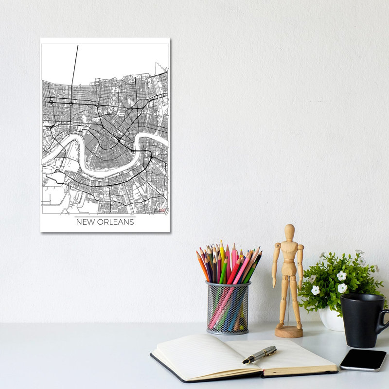 New Orleans Minimal Urban Blueprint Map 1 Piece Wrapped Canvas Wall Art, 20.32 cm H x 30.48 cm W