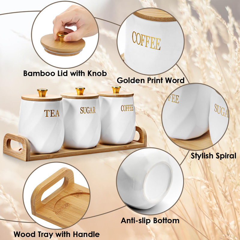 3 Pack Ceramic Canister Set with Bamboo Lids and Handle Tray, White