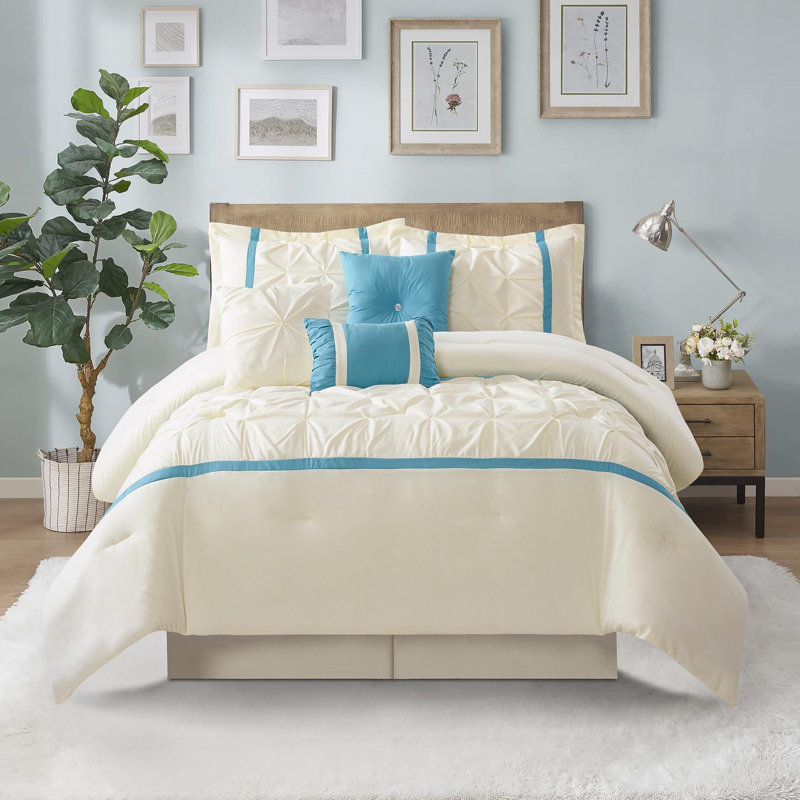 Elena Microfiber 7 Piece Comforter Set, Queen Comforter + 6 Additional Pieces, Beige/Blue