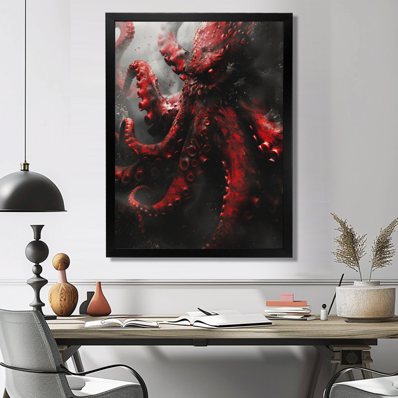 «Red Grey Kraken Mythical Creature II», reproduction d'art mural Mythical Creatures, Cadre simple noir