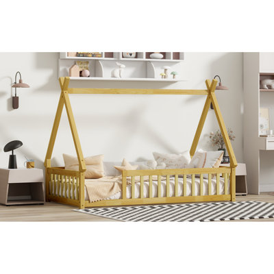 Twin Tent-Shaped Floor Bed,With Guardrails,Slats,Natural