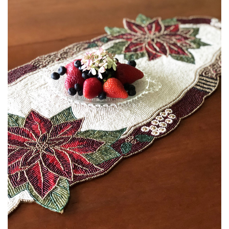Isenberg Poinsettia Beaded Table Runner