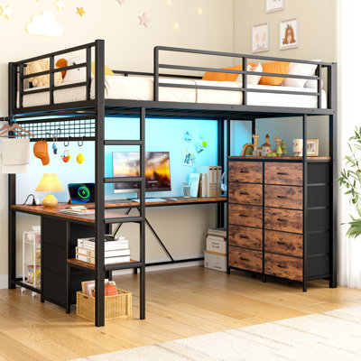 Full Size Metal Loft Bed with L-Shaped Desk, RGB LED Lights, 13 Fabric Drawers, Charging Station & Wardrobe Hanging Rod, Space Saving Loft Bed Frame for Teen Bedroom, Gaming Room, No Box Spring Needed
