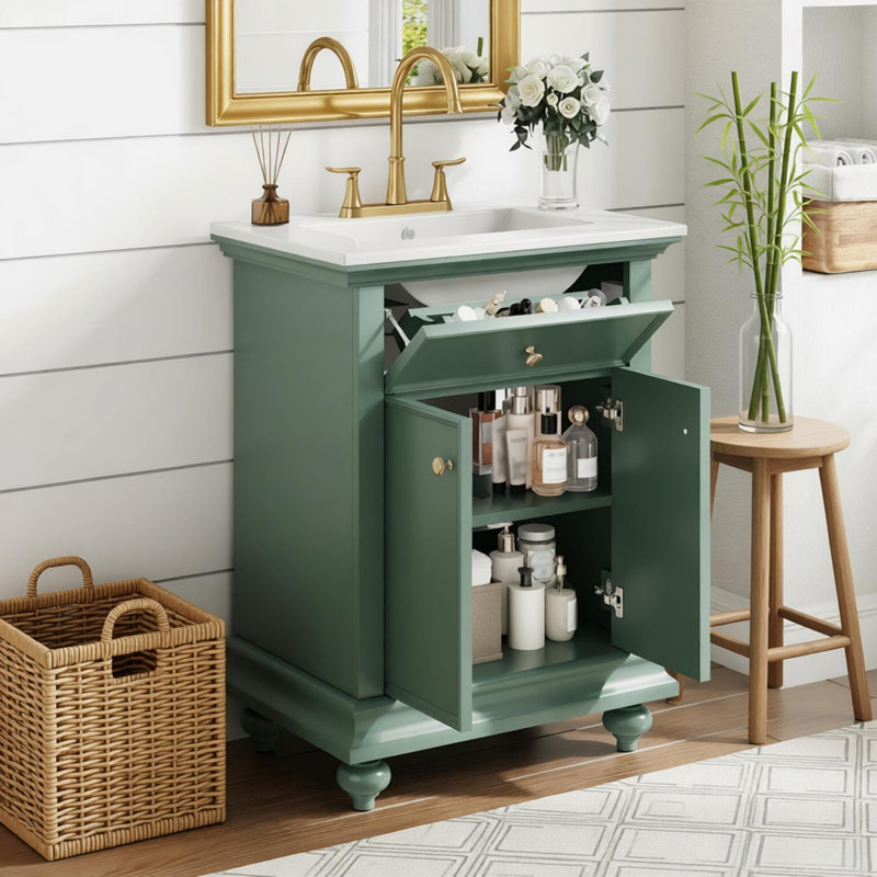Meuble-lavabo moderne de 24 po avec tiroir rabattable et charnières à fermeture en douceur, armoire de salle de bain avec structure ouverte à l'arrière, pieds tournés en boule avec élégance française
