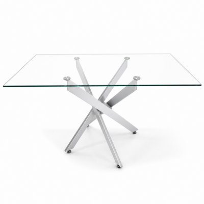 Table de salle à manger rectangulaire moderne en verre trempé, 120 cm de longueur, 70 cm de largeur, 75 cm de hauteur, piètement croisé en métal argenté, table polyvalente pour salle à manger, salon, bureau et café