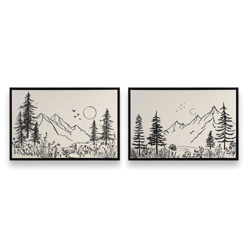 Whispers of Pines v2, ensemble de 2 impressions, Cadre flottant noir satiné, 24 po x 36 po