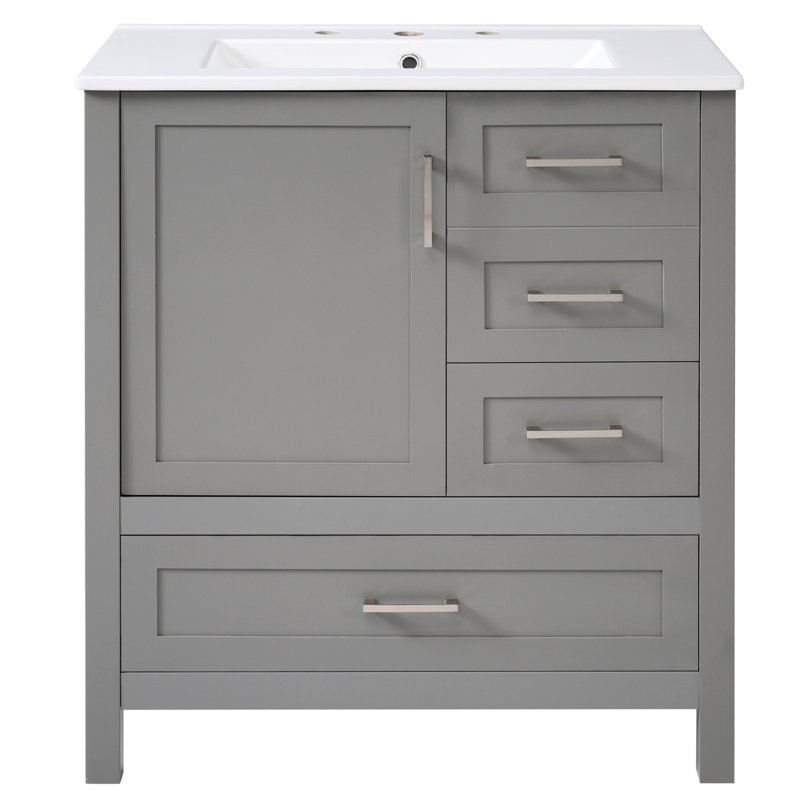 Meuble-lavabo de 30 po en gris - Poignées épurées. Tablettes polyvalentes. Taille compacte. Bois massif durable et style de luminaire élégant. Fabrication. Rangement spacieux. Lavabo facile. Portes à fermeture en douceur