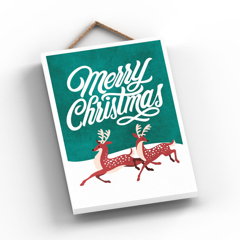 Xmas Merry Christmas Reindeer Wooden Plaque, 18.5cm H x 12cm W x 0.9cm D