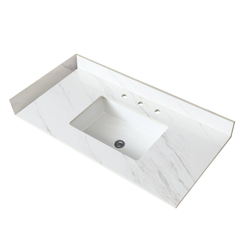 Dessus de meuble-lavabo 43 po blanc avec dosseret 4 po, lavabo encastré et dosseret en pierre frittée imperméable avec trous pré-percés 43 po