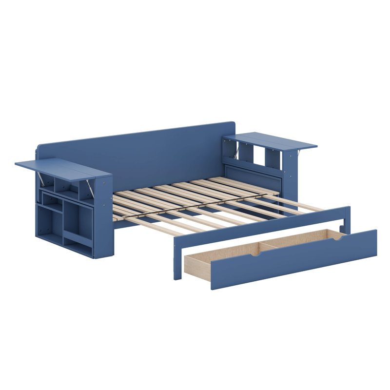 Daybed With Removable Desk, Storage Drawers & Hydraulic Side Table, Blue, Queen