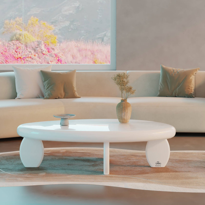 46"L Modern Cobblestone Coffee Table – High Gloss Finish, Composite Wood, Oval Design, White