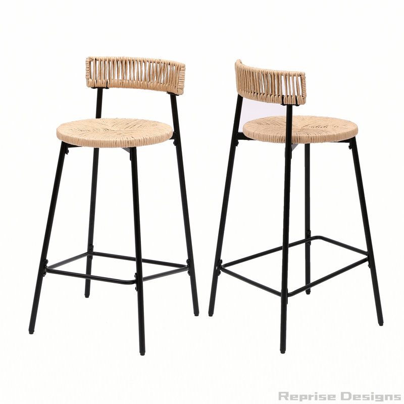 Paper Rope Round Bar Stools with Back Set of 2, Honey