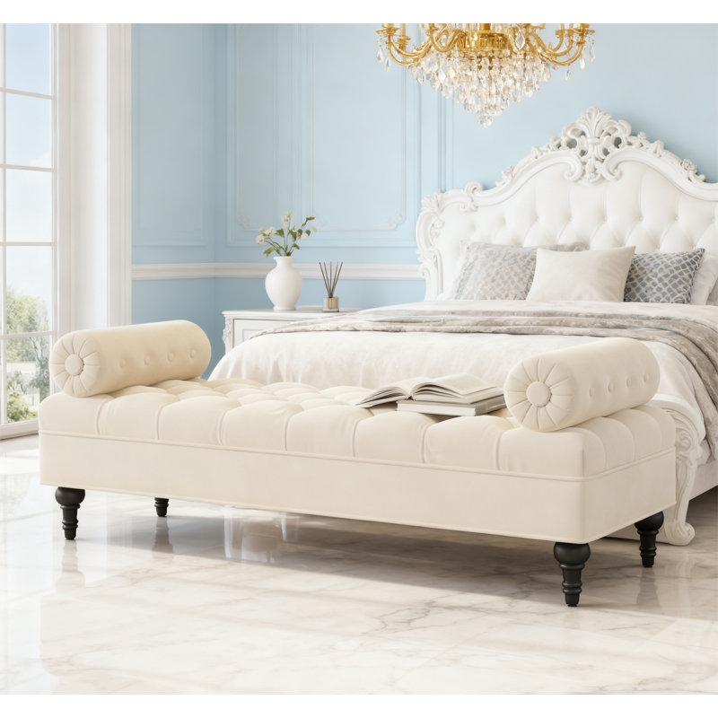 Banc rembourré en velours avec 2 coussins amovibles, Beige