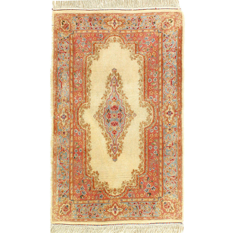 Tapis oriental beige / brun / bleu en coton noué à la main 3 pi x 5 pi Mahadevi