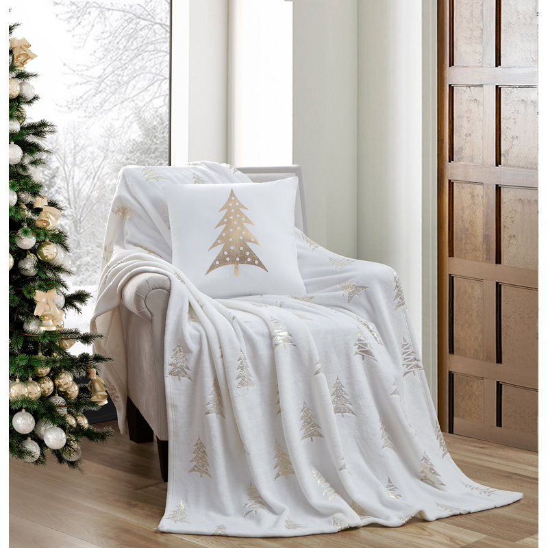 White and Gold Cotton Holiday Throw Blanket