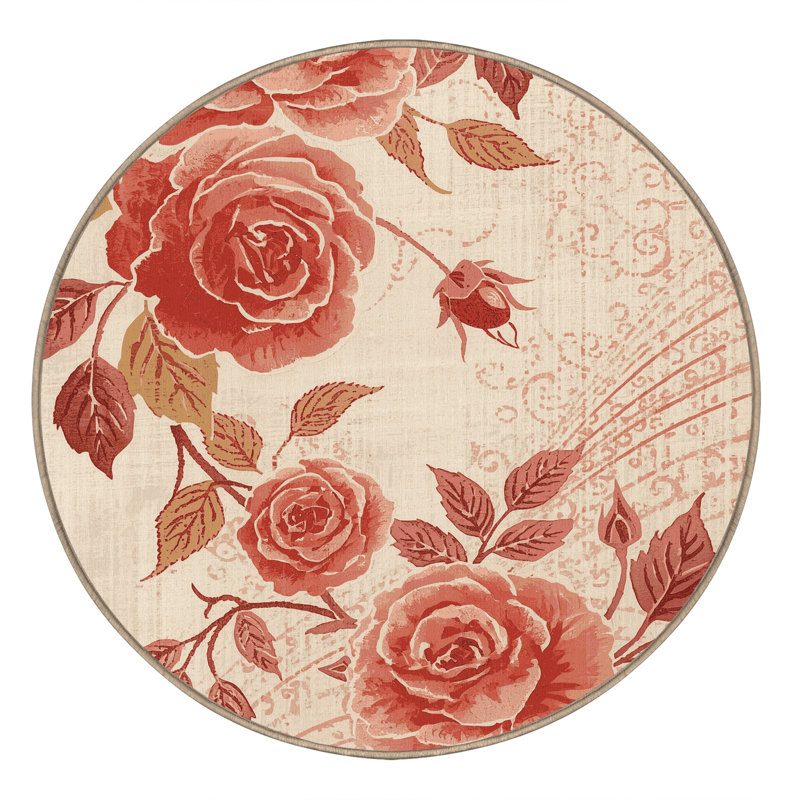 Tapis beige classique lavable à la machine Ortmund Rose, Rond 8 pi