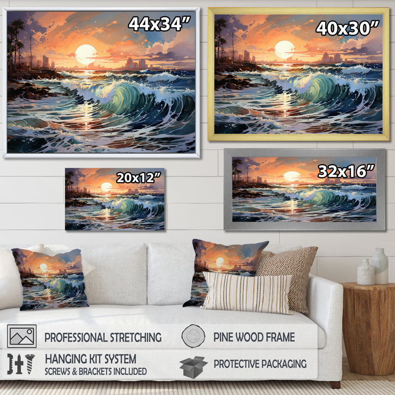 «Beach Sunrise Tranquil Horizons III», reproduction sur toile, Cadre flottant doré, H 34 po x l 44 po