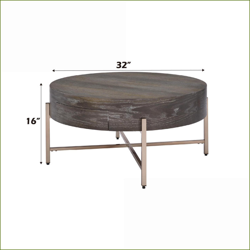 Table basse tambour clair brun avec base en métal champagne - plateau en bois Rangement à 1 tiroir pour le salon