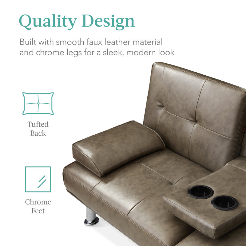 Owlex Modern Convertible Futon Sofa w/ Removable Armrests, 2 Cupholders, Gray Faux Leather