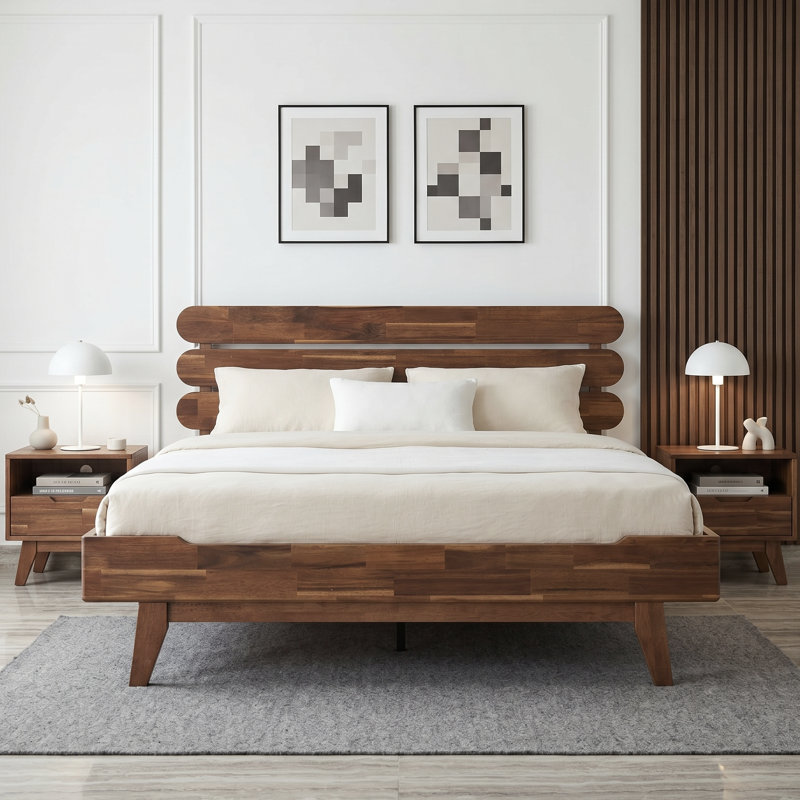 Queen Size Bed Frame with Headboard & Footboard, Solid Wood Platform Bed, Metal Legs,12 Durable Slatted Structure, No Box Spring Needed, Anti-Noise & Slip-Free, Easy Assembly, Walnut Finish