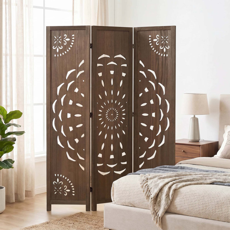 Paravent 6 panneaux pliant avec motif pivoine, finition bois clair, 3, Brun