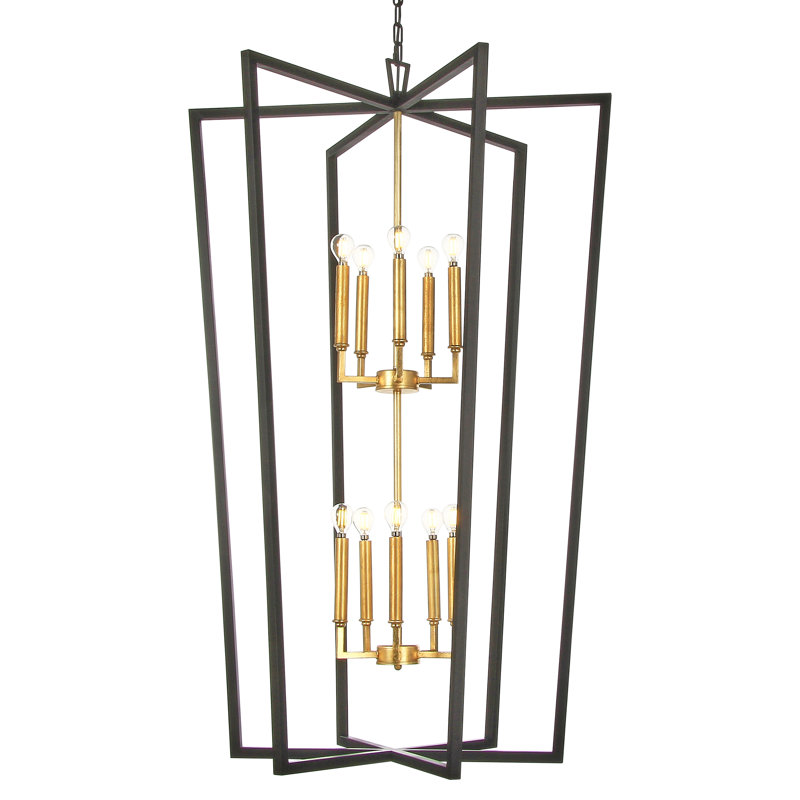 Lustre géométrique à 10 lumières Robin, Noir uni / feuille dorée