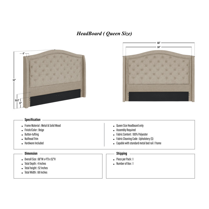 Calian Upholstered Headboard, Beige, Queen