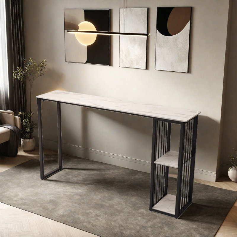 Simple and elegant home bar table, 41.3"H x 62.9"L x 15.7"W, White/Black