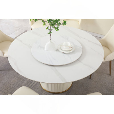 Table de salle à manger moderne en pierre frittée 59 po. Avec table tournante ronde de 31,5 po. Pour 8 personnes avec piédestal en bois et métal