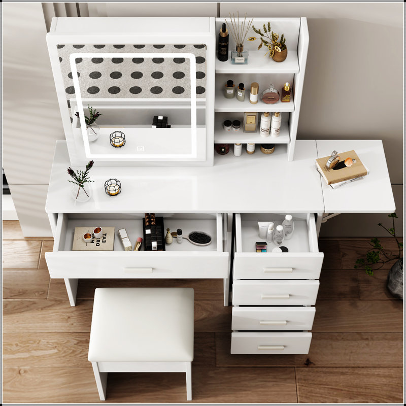 Bureau de coiffeuse élégant avec miroir, lumières et 5 tiroirs, tablettes ouvertes et fauteuil pour le maquillage et le rangement