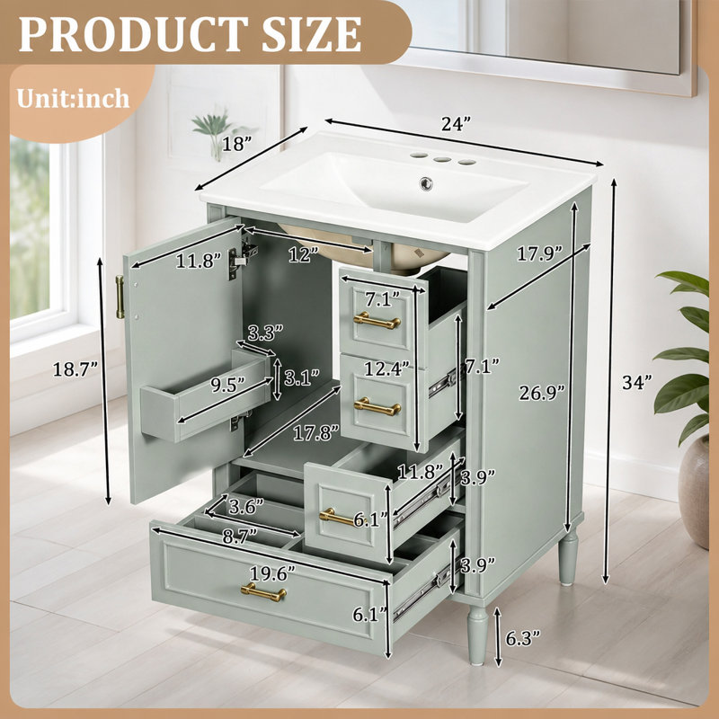 Meuble-lavabo moderne de 24 po avec lavabo en céramique, porte à fermeture douce, 3 tiroirs, poignées dorées et support de porte pour un rangement peu encombrant