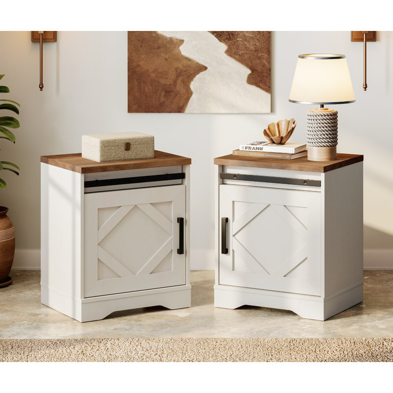 Farmhouse Nightstand Set Of 2,Wooden Bedside Table With Drawer & Cubby, Rustic Drawer Storage Sofa Side Table With Barn Door For Bedroom, Office,Cream White