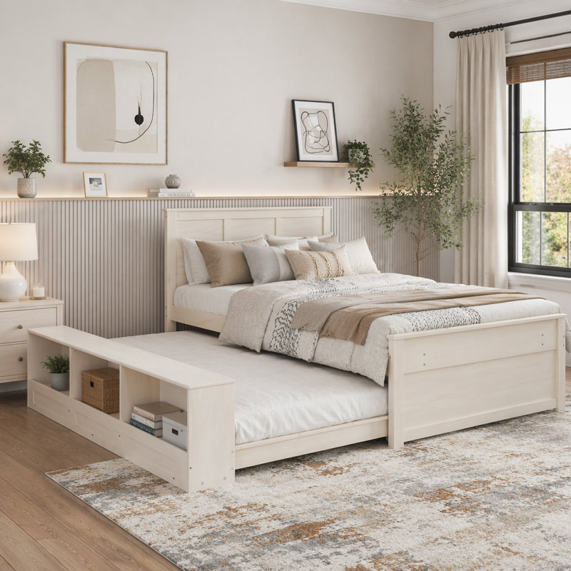 Lit plateforme en bois avec lit gigogne escamotable, armoire de rangement, Twin, Cream White