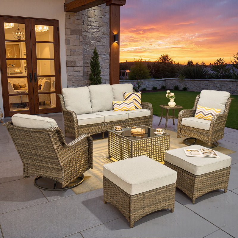 Adams 7-Person Outdoor Wicker Patio Seating Group With Swivel Rocking Chairs, Ottomans & Led Coffee Table, Gray