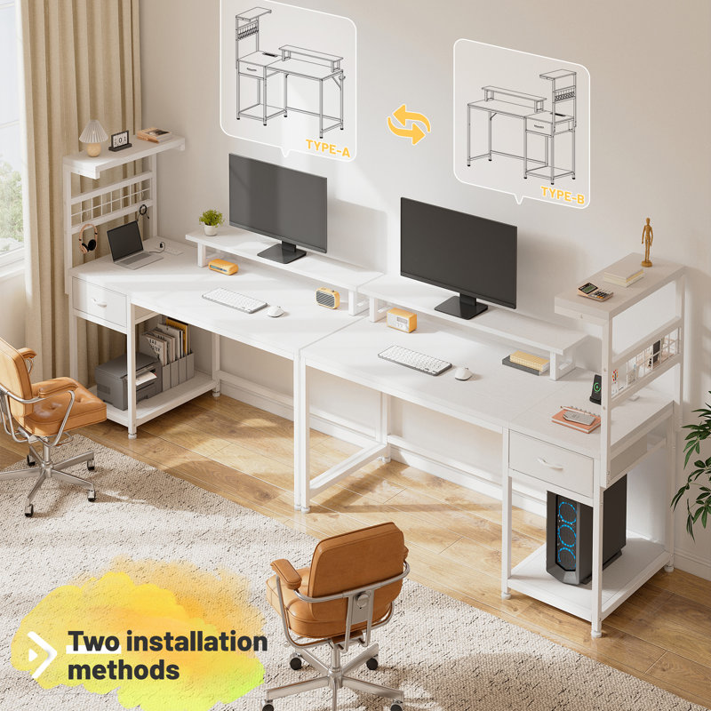Bureau d'ordinateur avec lumière DEL, tiroirs et tablettes réversibles, Blanc, H 51,2 po x l 48 po x P 19,7 po