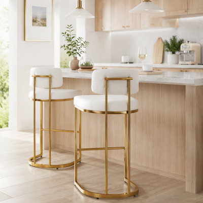 Tabouret de bar à hauteur fixe en métal doré et similicuir blanc - ensemble de 2