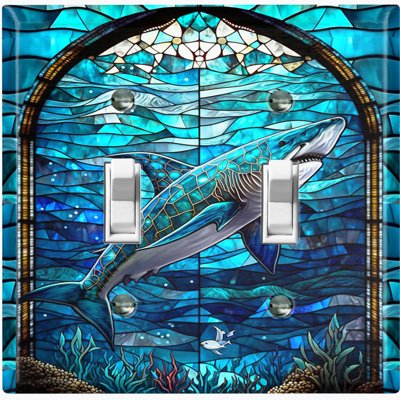 White Shark Blue Glass Art Print Copper Rust Patina Teal Print 2 - Gang Toggle Light Switch Standard Wall Plate