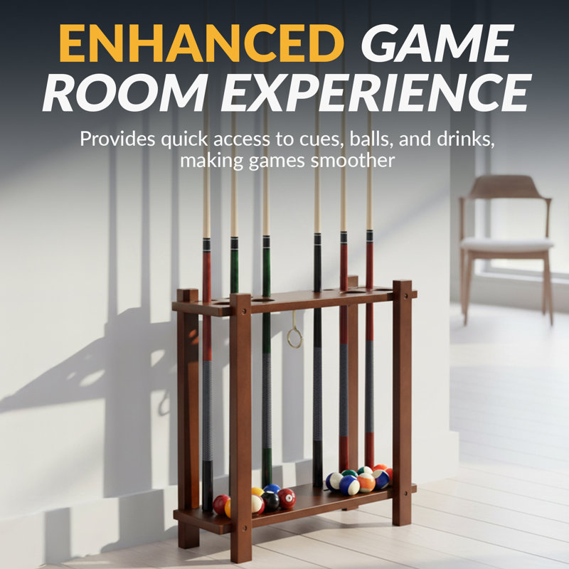 Hathaway Classic 28-in Floor Pool Cue Rack – Solid Wood Billiard Cue Rack with Built-In Drink Holders, Triangle Hook & Scratch-Resistant Finish – 10 Pool Stick Holder & Full Ball Set – Walnut