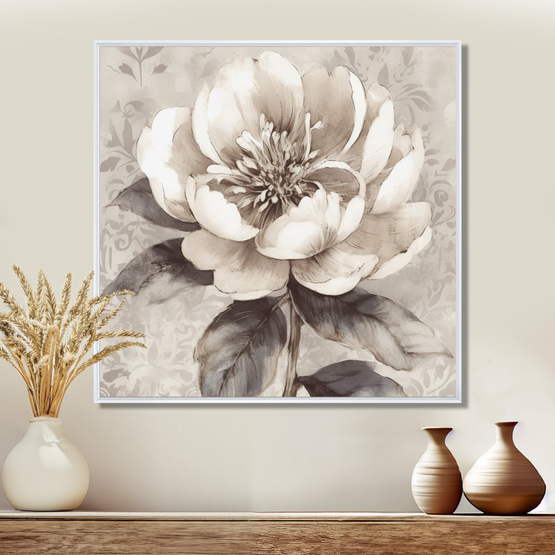 Pivoines grises sur une branche I - pivoines, art mural, H 16 po x l 16 po x P 1 po, Cadre flottant blanc