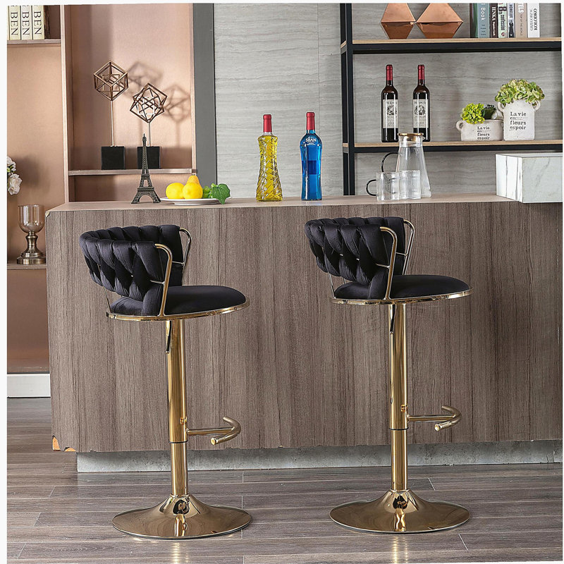 Tabouret de bar 2 pièces avec repose-pieds et repose-pieds réglables en chrome et velours doré, Noir, Doré