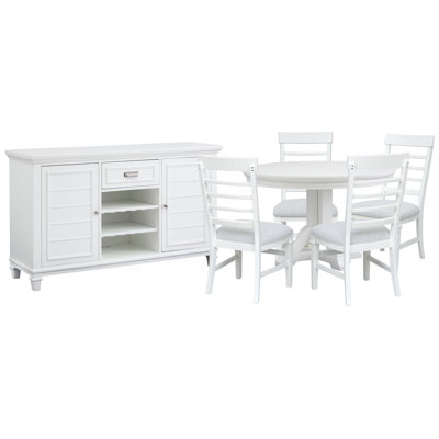 White Extendable 48" Round Dining Table With 4 Side Chairs And Server