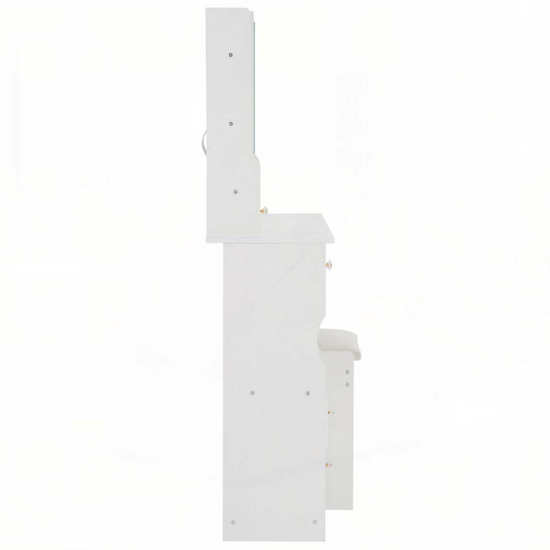 Petit meuble-lavabo de 29,2 po avec tiroir à gauche + tabouret rembourré, 2 blocs d'alimentation CA + 2 ports USB, support pour séchoir à cheveux, très grand miroir à DEL coulissant à contrôle tactile, changement de luminosité tricolore, réglage de la luminosité