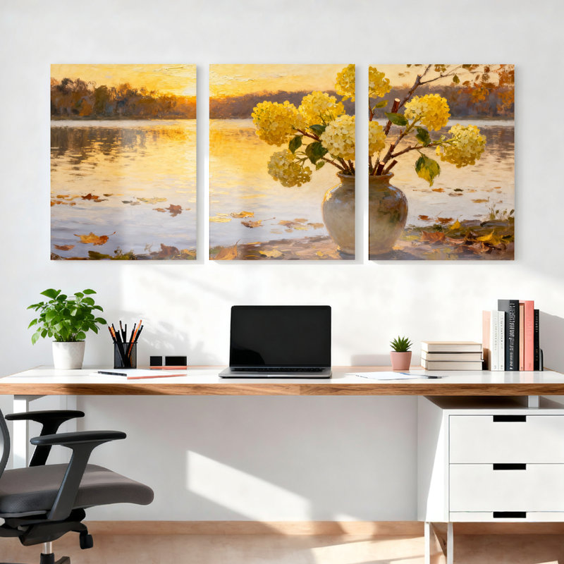 «Autumn Lakeside Hydrangea», reproduction d'art sur toile tendue sur toile, ensemble de 3 pièces (ensemble de 3)