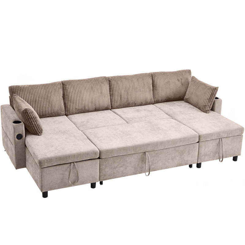 111.8" Sectional Sofa Pull-out Sofa Bed Versatile Sofa Sleeper with Large Storage Space,Two USB Ports and Two Cup Holders for Living Room