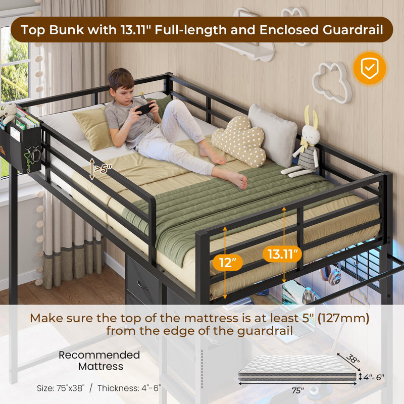 Twin Loft Bed With L-shaped Desk And 7 Storage Drawers,metal Twin Size Loft Bed For Led Lights And Charging Station, Safety Guardrail And Ladder,no Box Spring Needed, Black