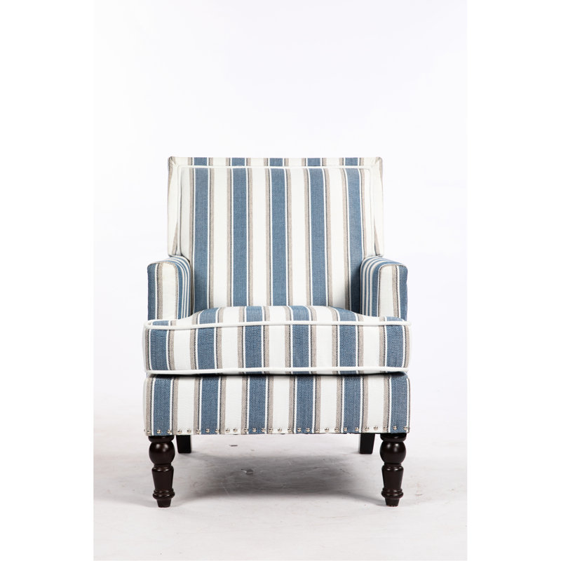 Chaise d'appoint de salon avec revêtement en lin rayé bleu et blanc, garniture cloutée de fauteuil rétro, confortable pour la pièce, confortable et durable