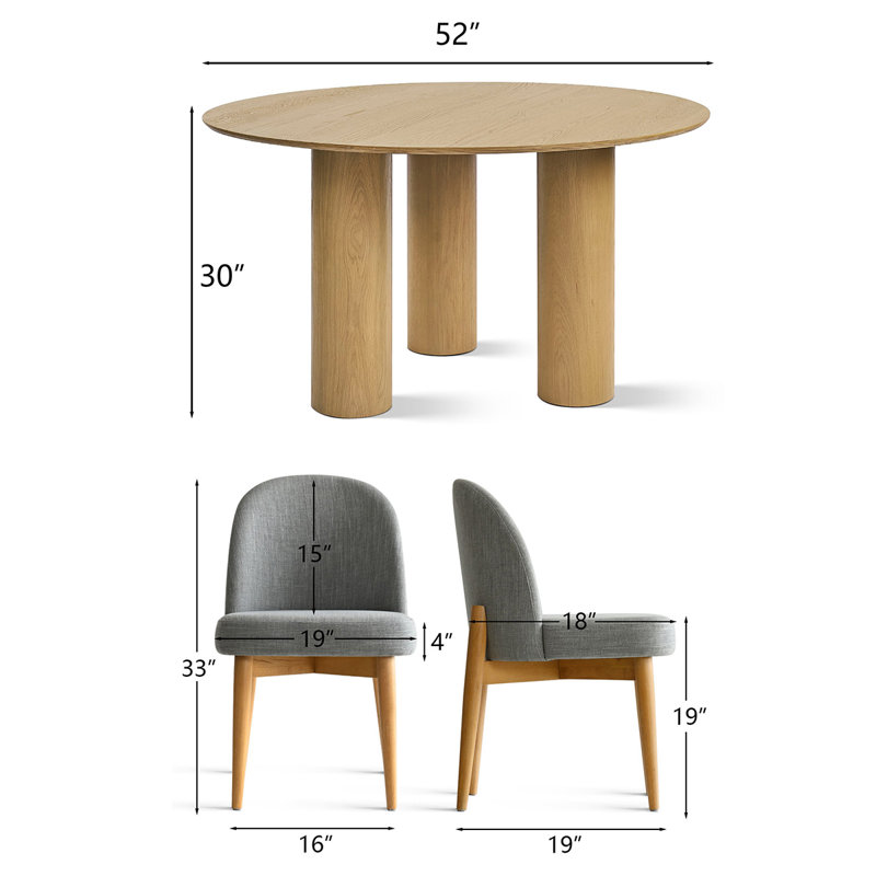 Modern 7-Piece Round Dining Set With Multi-Pedestal Base Table And Upholstered Wood-Leg Chairs, Gray